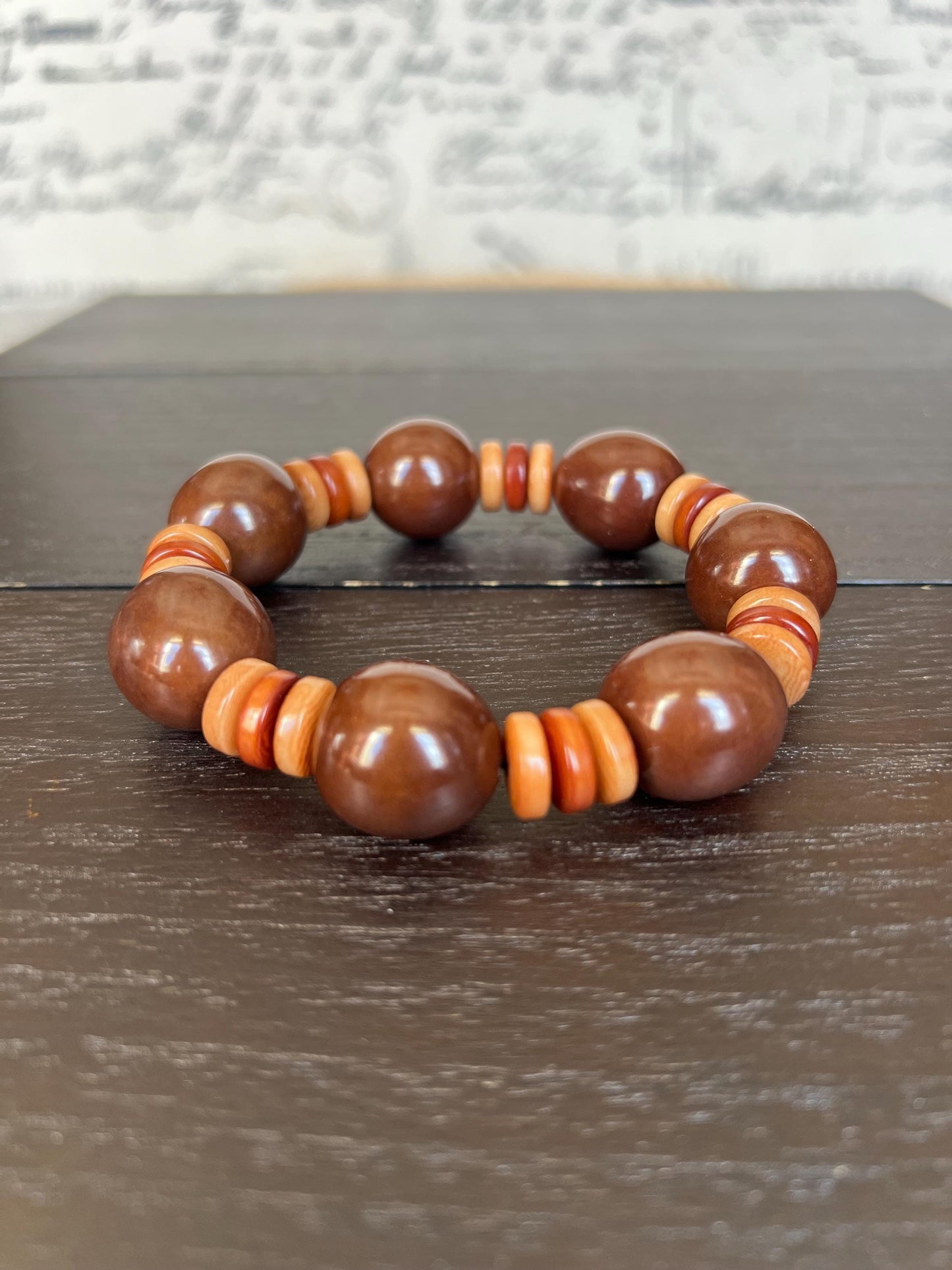 Brown statement bracelet Tagua jewelry Big bold bangle Wearable art Elastic stretch bracelet Summer fashion Cruise trends Artisan handmade