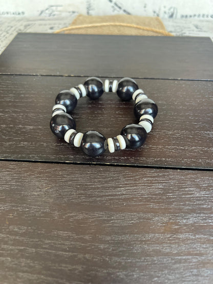 Black and white statement bracelet Tagua jewelry Big bold bangle Wearable art Mothers day gifts Trendy custom jewelry Stretch elastic