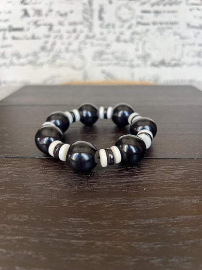 Black and white statement bracelet Tagua jewelry Big bold bangle Wearable art Mothers day gifts Trendy custom jewelry Stretch elastic