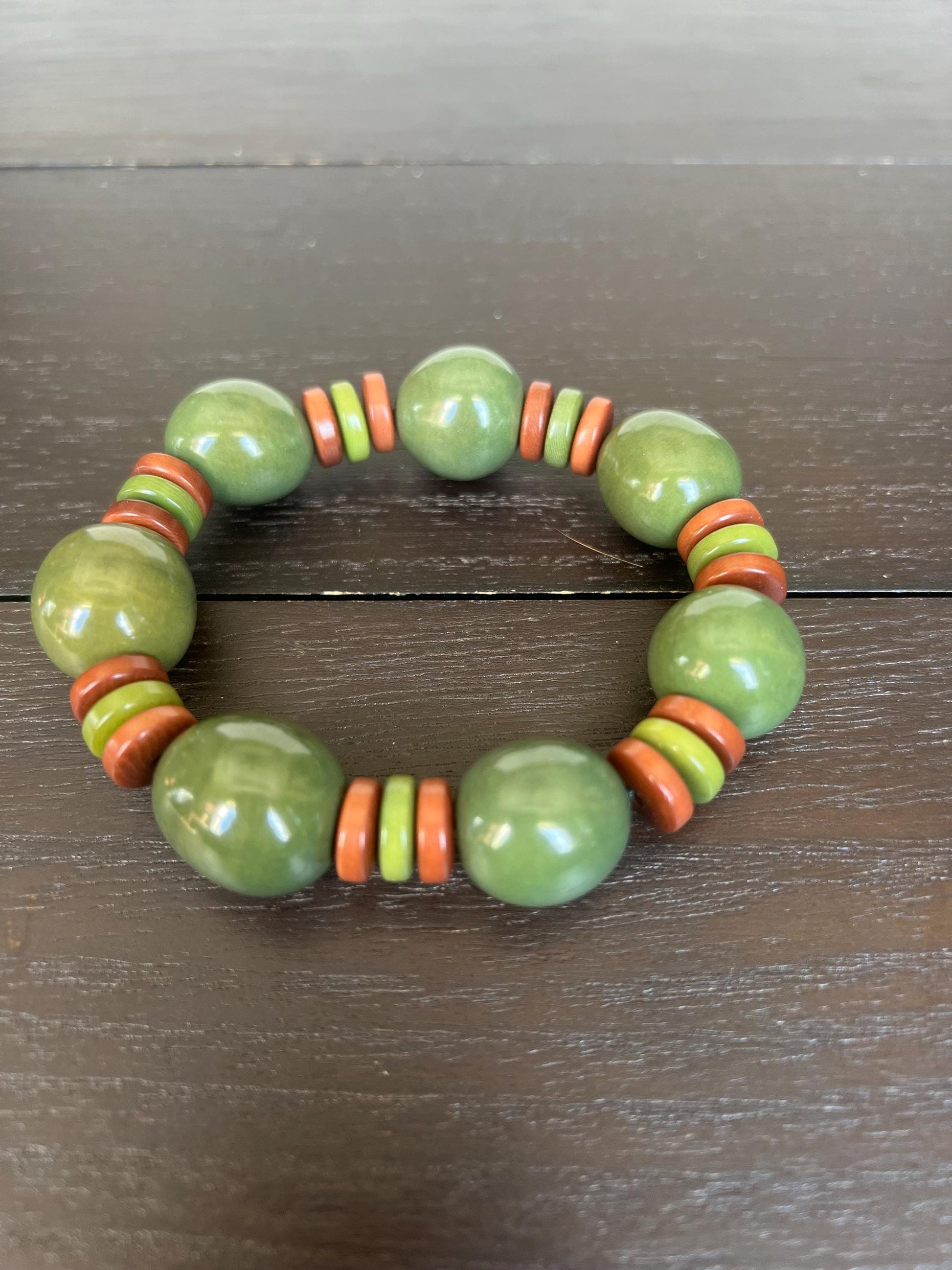 Olive green statement bracelet Tagua jewelry Big bold bangle Stretch elastic bracelet Cruise wear Art to wear Spring handmade fashion