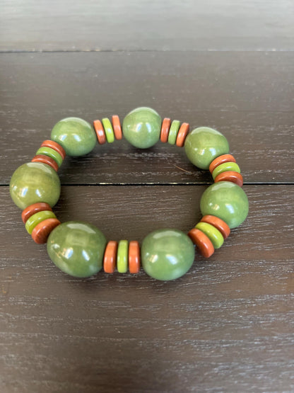 Olive green statement bracelet Tagua jewelry Big bold bangle Stretch elastic bracelet Cruise wear Art to wear Spring handmade fashion