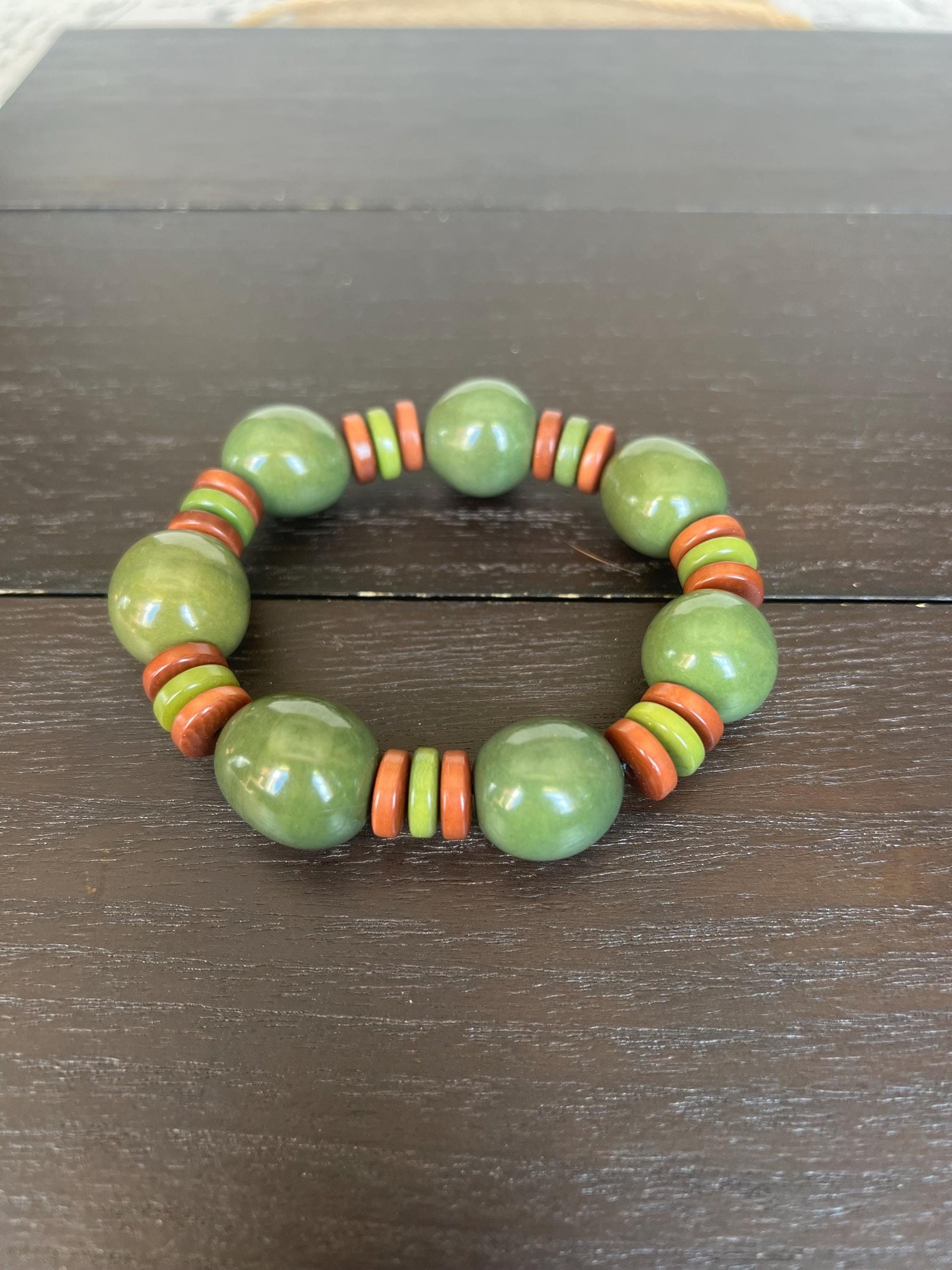 Olive green statement bracelet Tagua jewelry Big bold bangle Stretch elastic bracelet Cruise wear Art to wear Spring handmade fashion