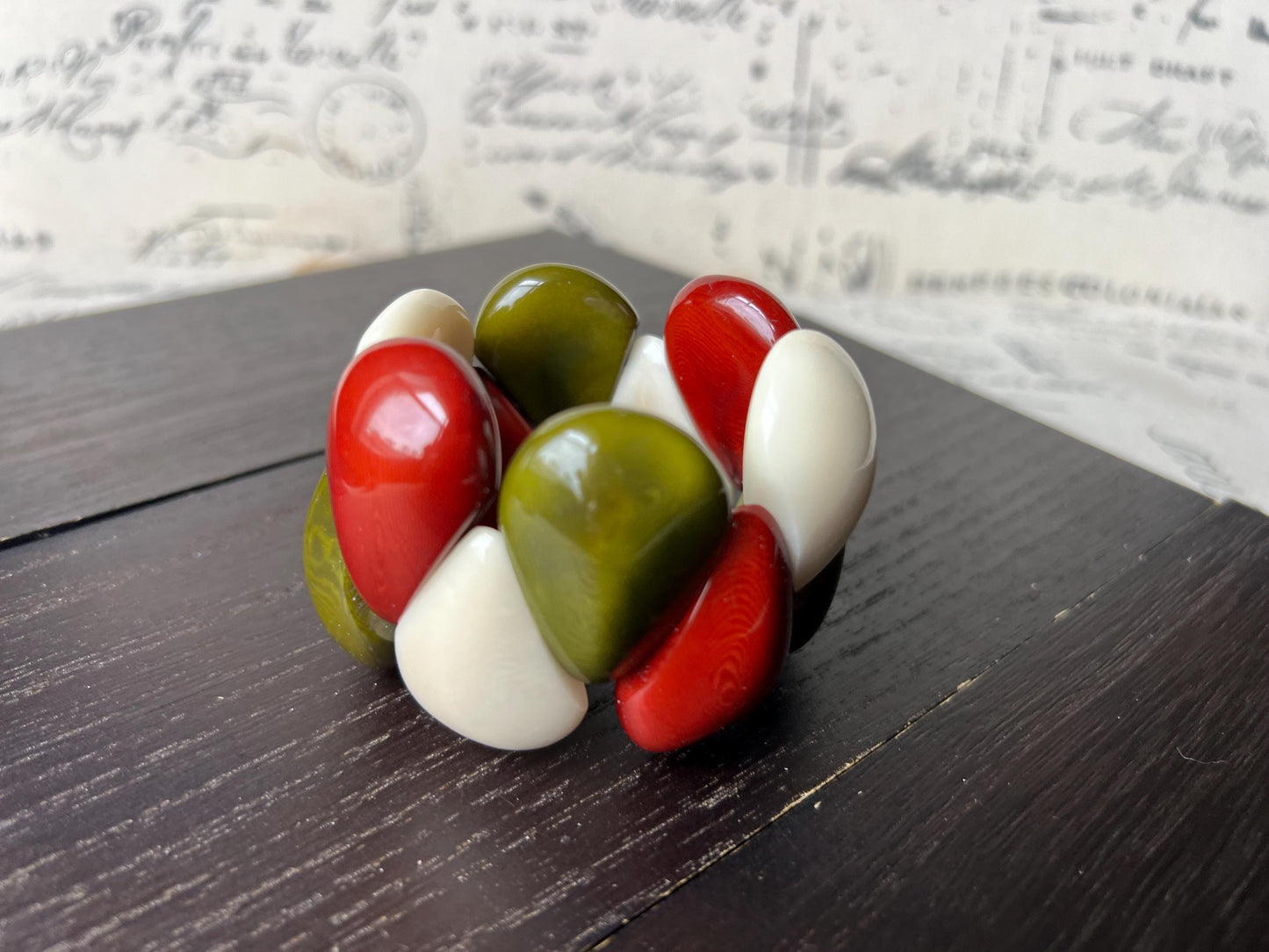 Green maroon and ivory statement bracelet Tagua jewelry Big chunky bangle Artsy gifts Summer fashion Art to wear Cruise to wear Handmade