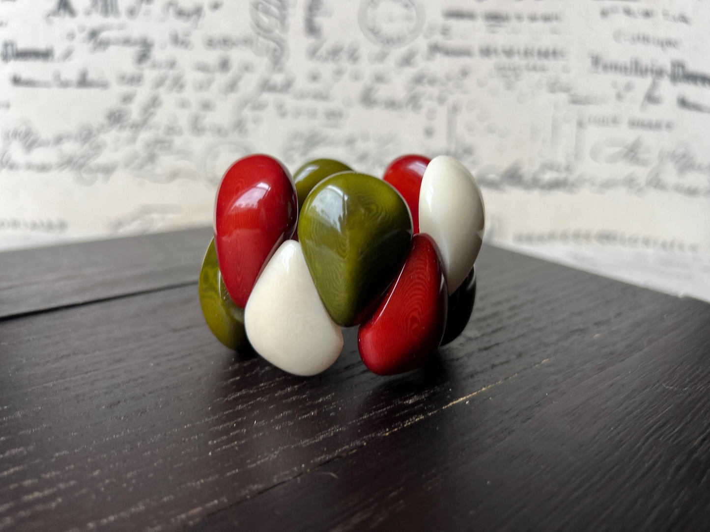 Green maroon and ivory statement bracelet Tagua jewelry Big chunky bangle Artsy gifts Summer fashion Art to wear Cruise to wear Handmade