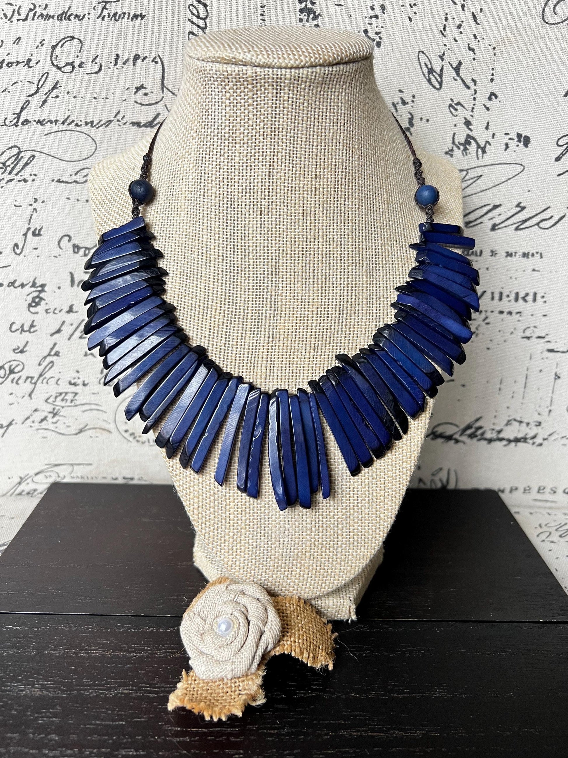 Blue Tagua necklace Handmade statement necklace Wearable art Adjustable cord Spiky beaded necklace Mothers day gifts Spring fashion 2025