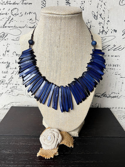 Blue Tagua necklace Handmade statement necklace Wearable art Adjustable cord Spiky beaded necklace Mothers day gifts Spring fashion 2025