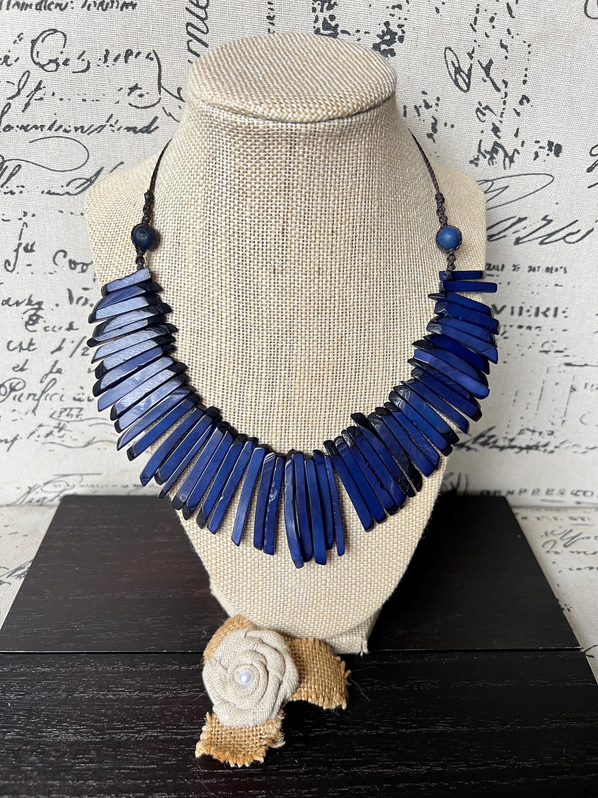 Blue Tagua necklace Handmade statement necklace Wearable art Adjustable cord Spiky beaded necklace Fall fashion 2025s Fall fashion 2025