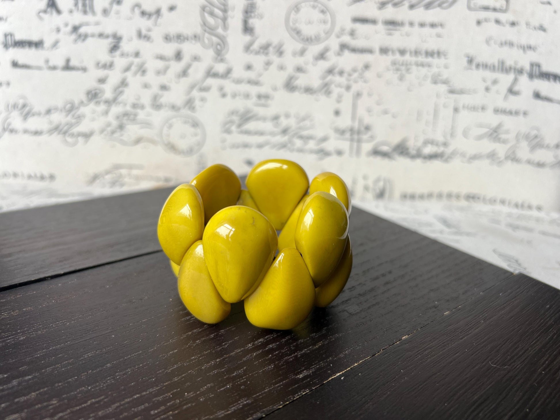 Yellow green statement bracelet Tagua jewelry Big bangle Trendy custom jewelry Wearable art Beach fashion Elastic stretch bracelet