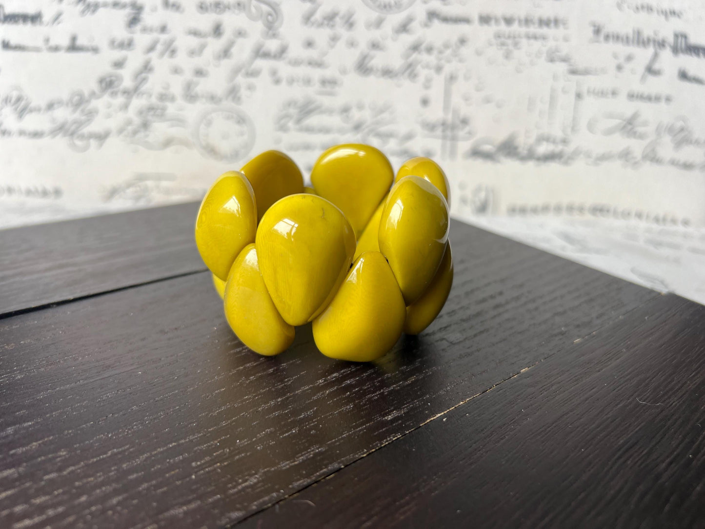 Yellow green statement bracelet Tagua jewelry Big bangle Trendy custom jewelry Wearable art Beach fashion Elastic stretch bracelet