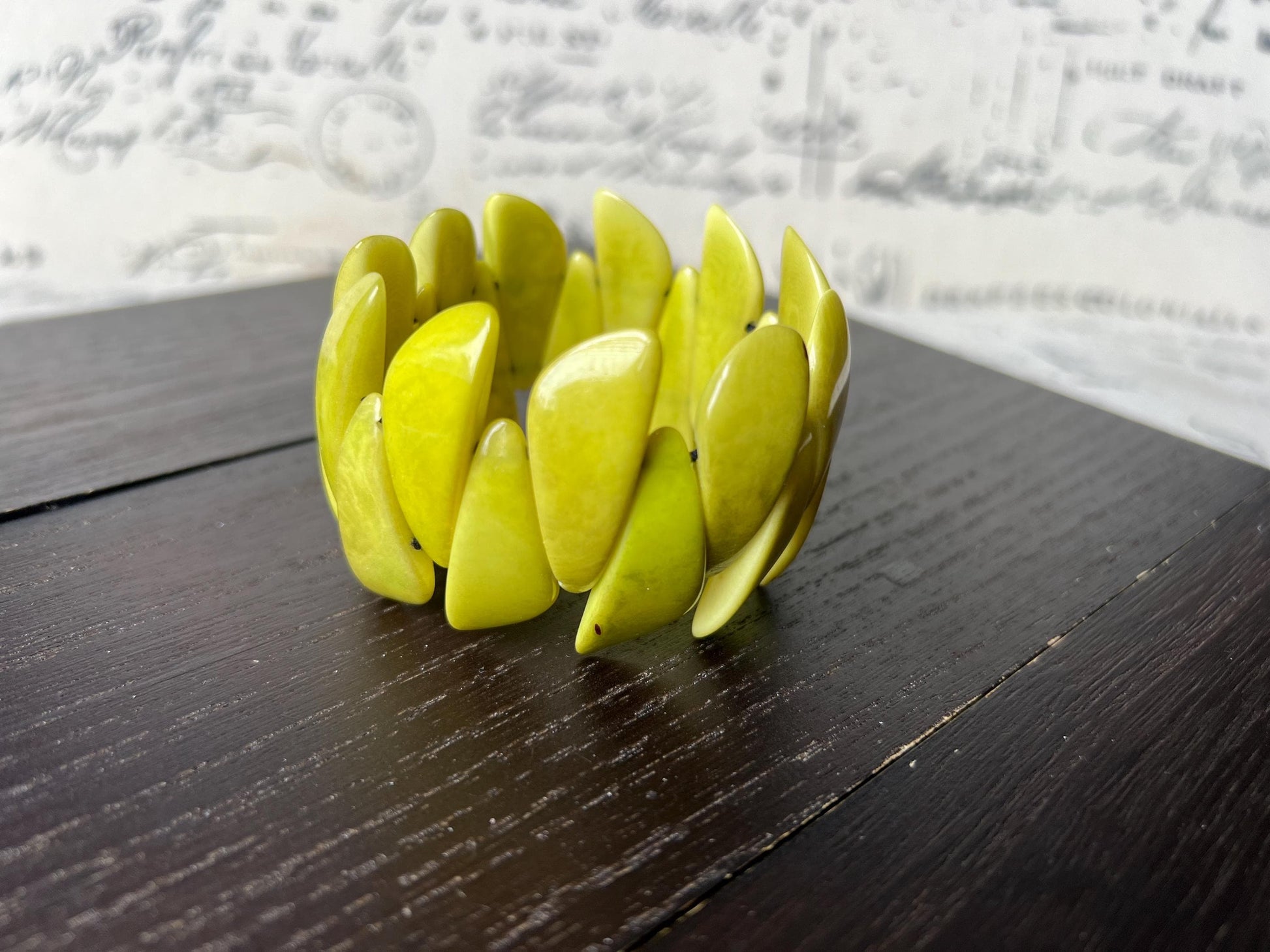 Green beaded bracelet Tagua jewelry Stretch elastic bangle Wearable art Fall fashion Trending jewelry Cruise wear Artisan handmade