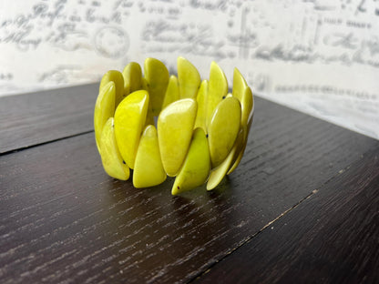 Green beaded bracelet Tagua jewelry Stretch elastic bangle Wearable art Fall fashion Trending jewelry Cruise wear Artisan handmade