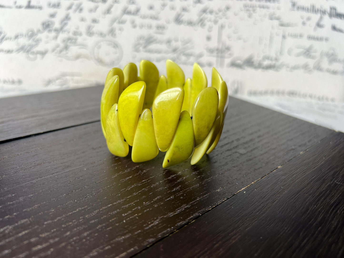 Green beaded bracelet Tagua jewelry Stretch elastic bangle Wearable art Fall fashion Trending jewelry Cruise wear Artisan handmade
