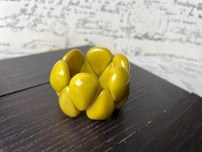Yellow green statement bracelet Tagua jewelry Big bangle Trendy custom jewelry Wearable art Beach fashion Elastic stretch bracelet