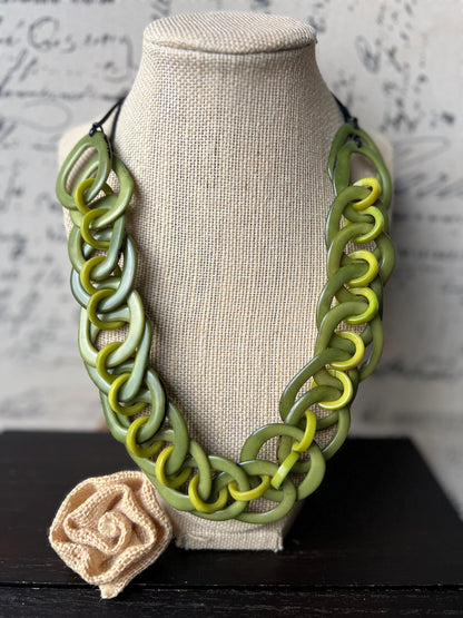 Green beaded statement necklace Tagua nut jewelry Adjustable cord Big bold chunky necklace Wearable art Fall fashion Cruise wear