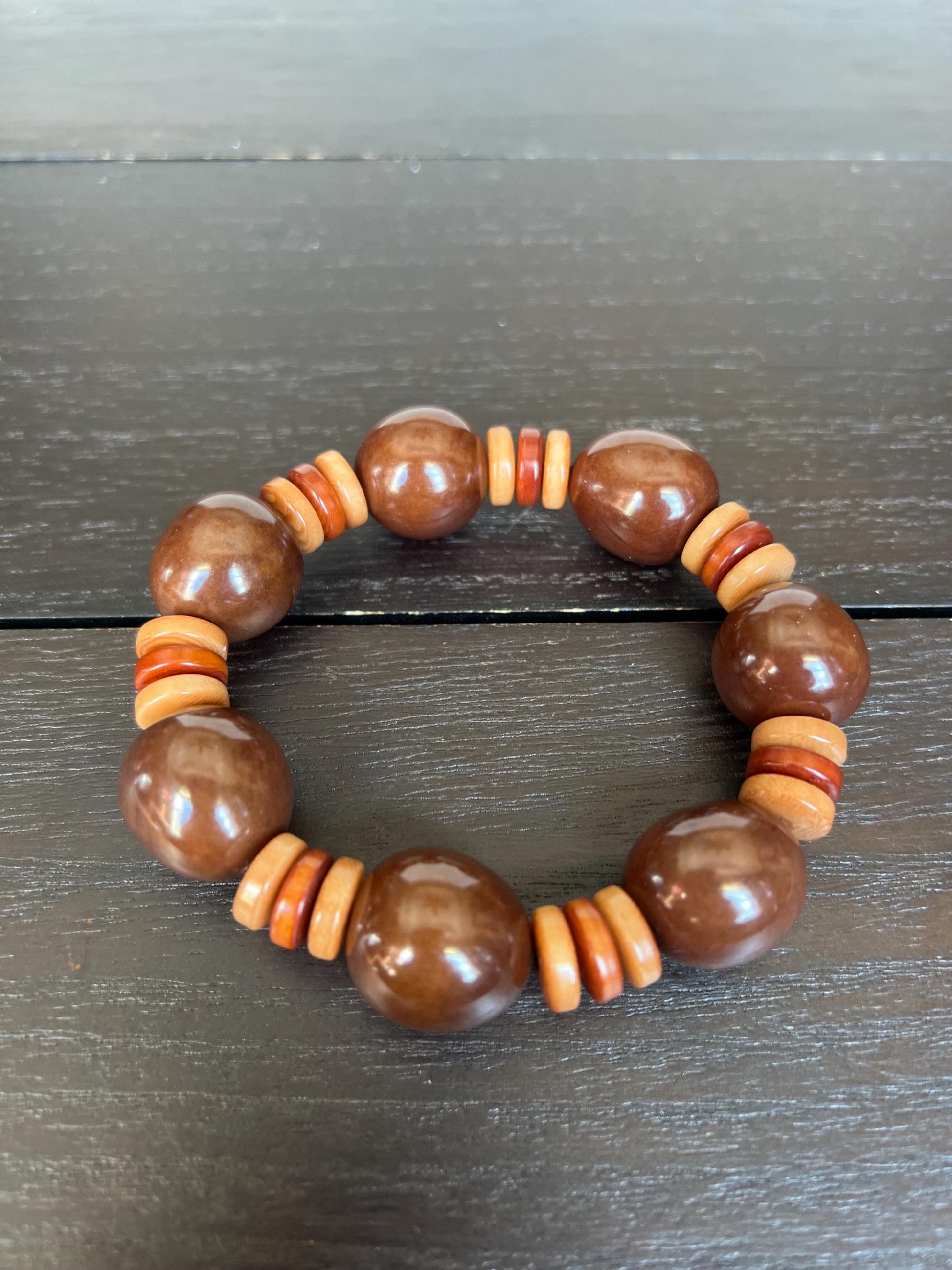 Brown statement bracelet Tagua jewelry Big bold bangle Wearable art Elastic stretch bracelet Summer fashion Cruise trends Artisan handmade