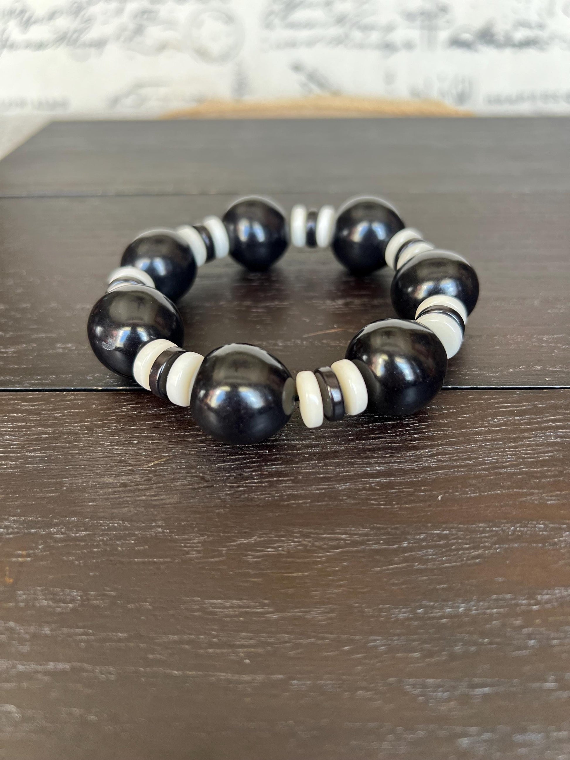 Black and white statement bracelet Tagua jewelry Big bold bangle Wearable art Mothers day gifts Trendy custom jewelry Stretch elastic