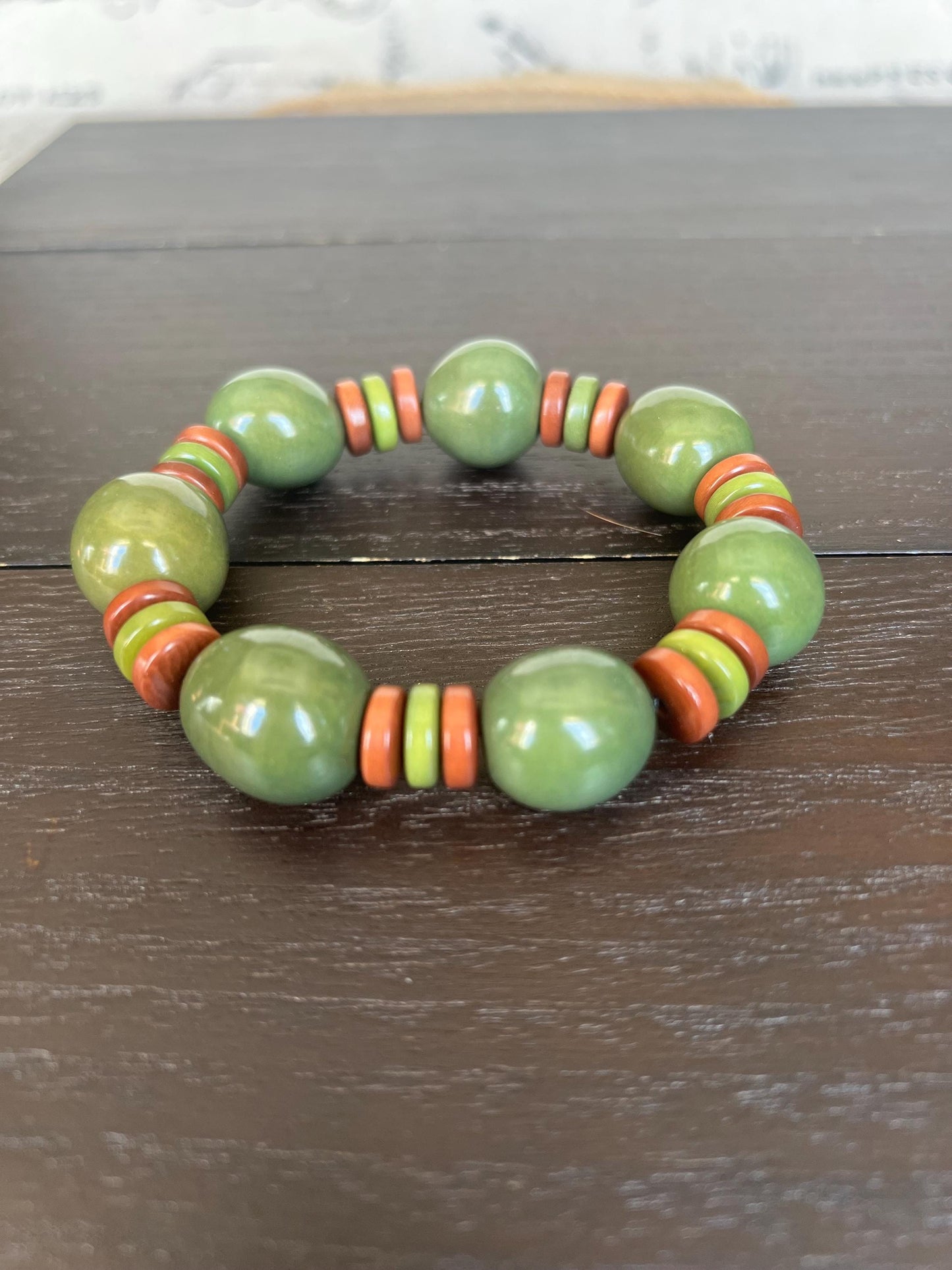 Olive green statement bracelet Tagua jewelry Big bold bangle Stretch elastic bracelet Cruise wear Art to wear Spring handmade fashion