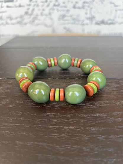 Olive green statement bracelet Tagua jewelry Big bold bangle Stretch elastic bracelet Cruise wear Art to wear Spring handmade fashion