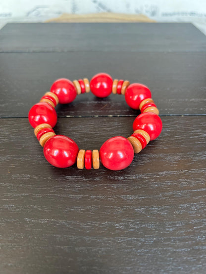 Red statement bracelet Fall fashion 2025s Tagua jewelry Big bangle Fall fashion Trendy custom jewelry Stretch elastic bangle Art to wear