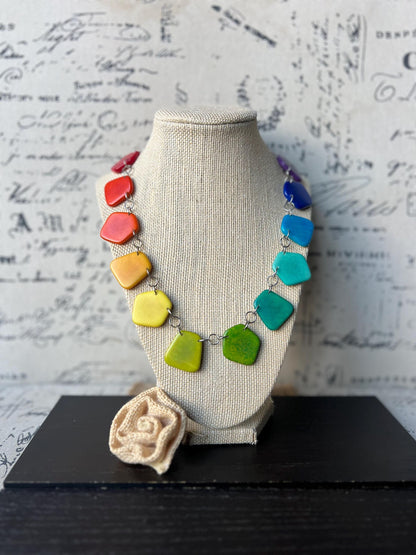 Rainbow beaded necklace Tagua jewelry Statement lightweight necklace Chocker style necklace Wearable art Multi color necklace Pride jewelry