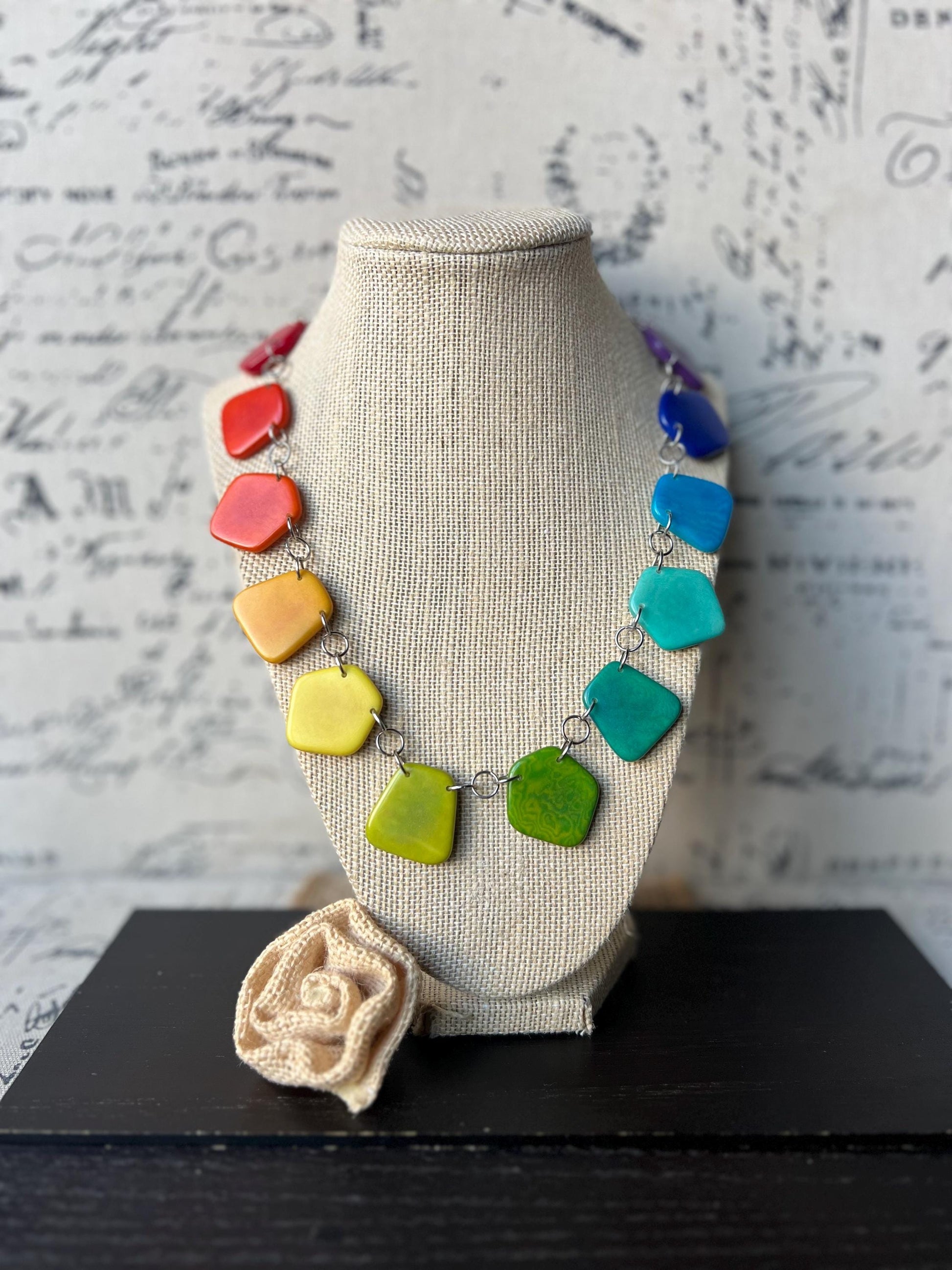 Rainbow beaded necklace Tagua jewelry Statement lightweight necklace Chocker style necklace Wearable art Multi color necklace Pride jewelry