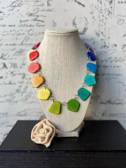 Rainbow beaded necklace Tagua jewelry Statement lightweight necklace Chocker style necklace Wearable art Multi color necklace Pride jewelry