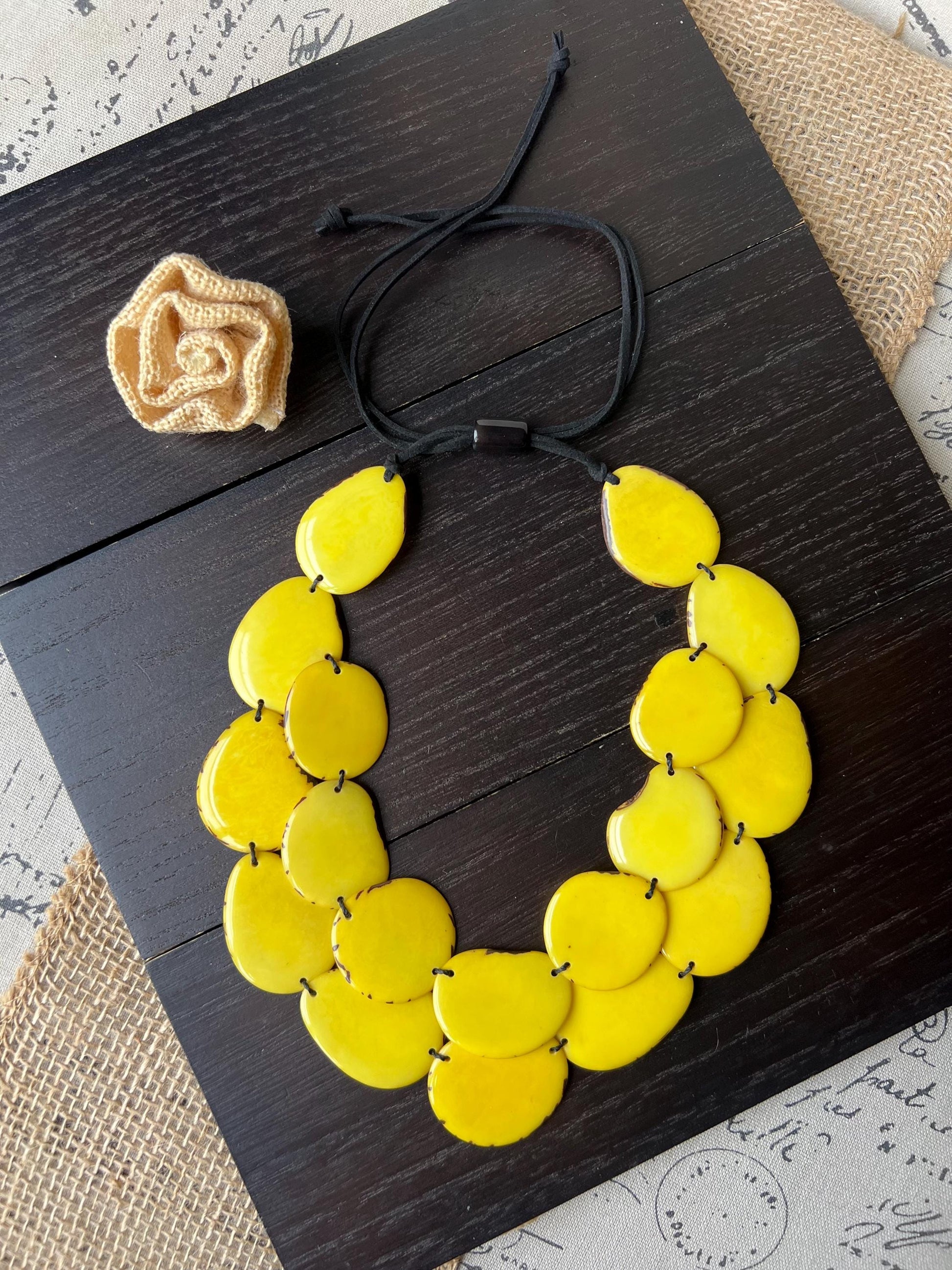 Yellow statement necklace Tagua jewelry Fall fashion Double layer necklace Adjustable cord Wearable art Cruise wear Multi strand necklace