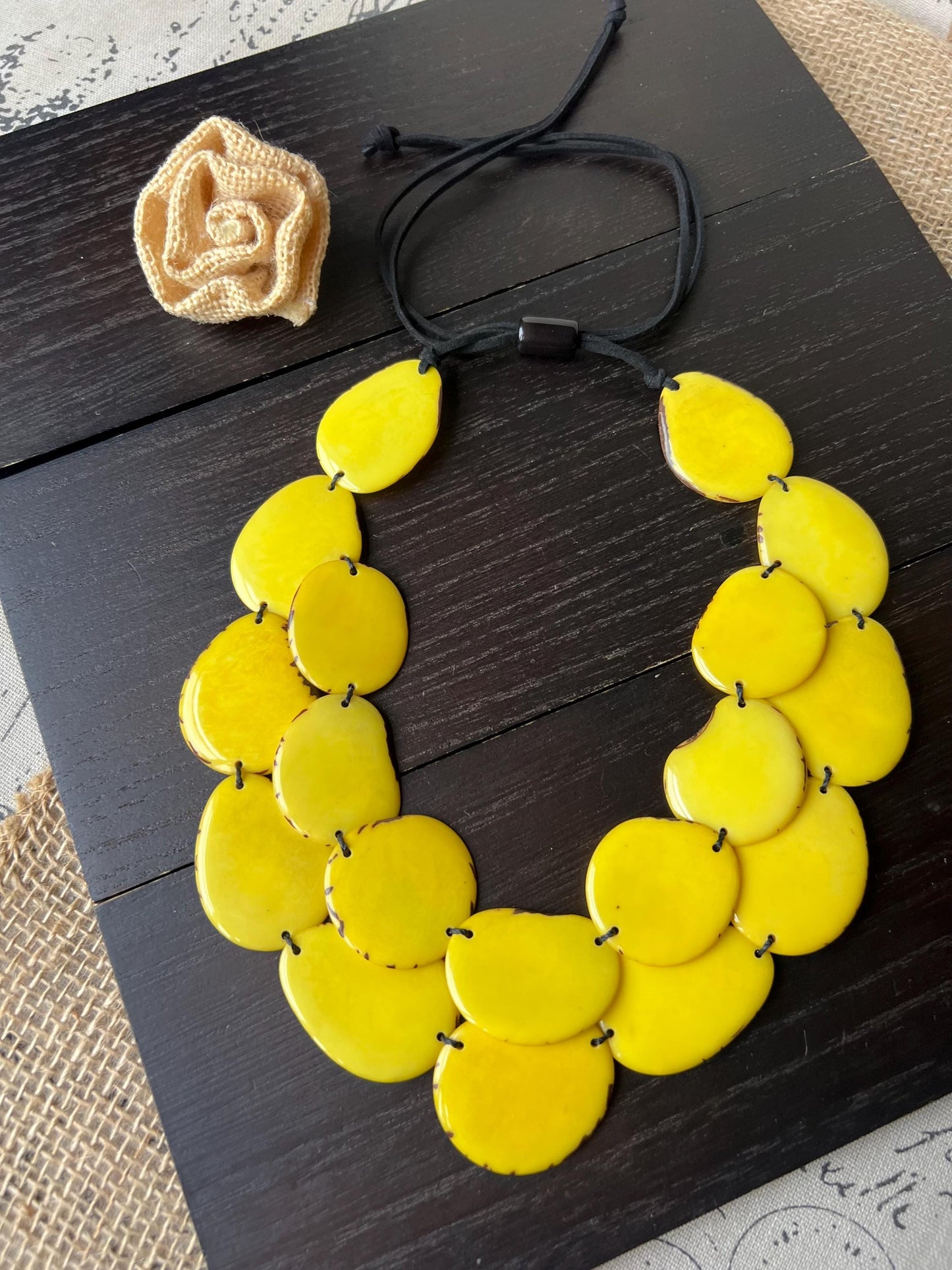Yellow statement necklace Tagua jewelry Fall fashion Double layer necklace Adjustable cord Wearable art Cruise wear Multi strand necklace