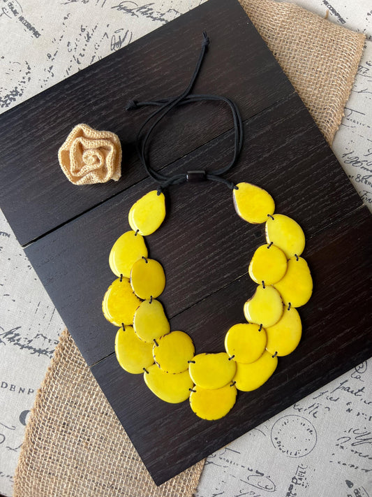Yellow statement necklace Tagua jewelry Summer fashion Double layer necklace Adjustable cord Wearable art Cruise wear Multi strand necklace