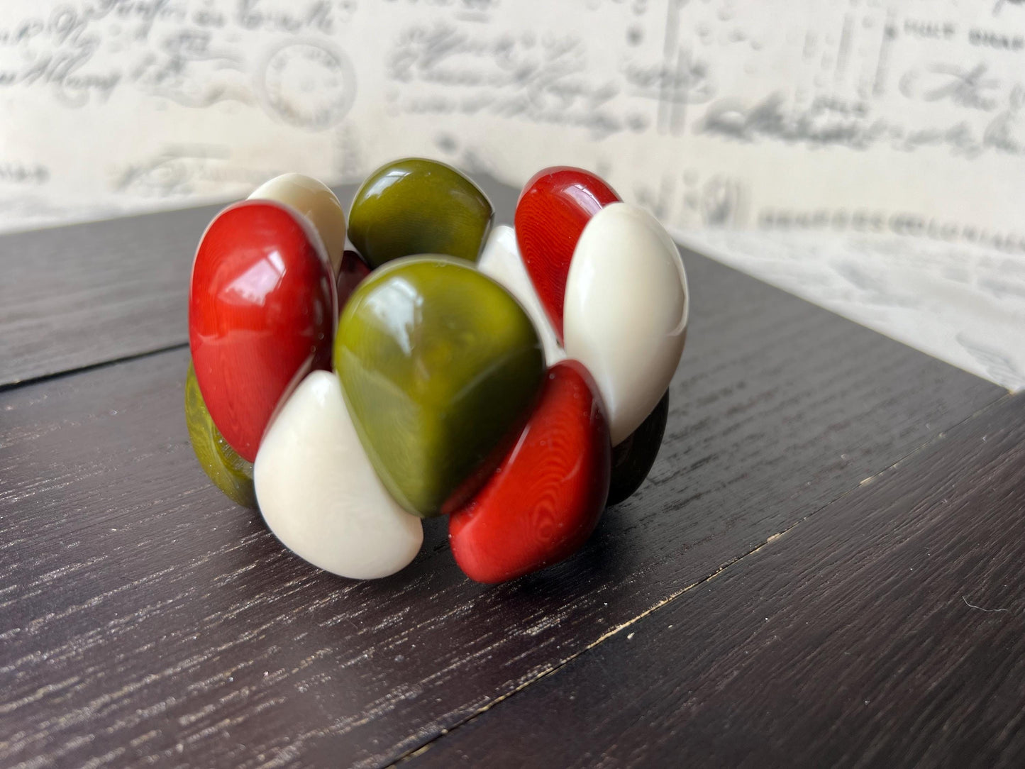 Green maroon and ivory statement bracelet Tagua jewelry Big chunky bangle Artsy gifts Summer fashion Art to wear Cruise to wear Handmade