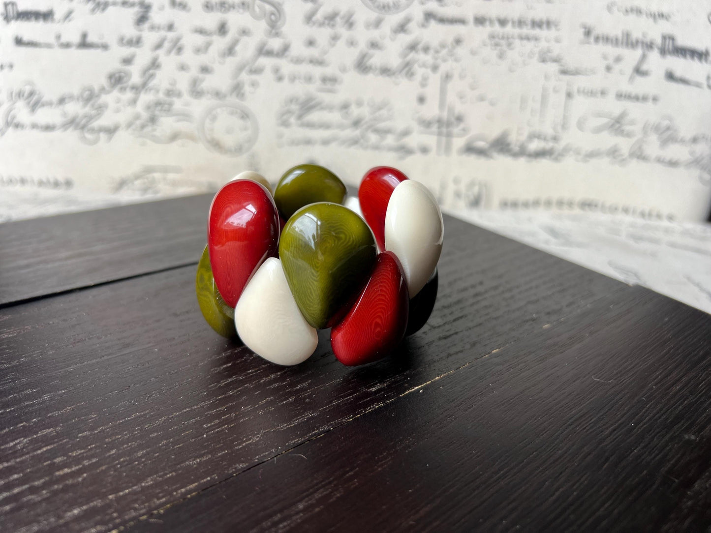 Green maroon and ivory statement bracelet Tagua jewelry Big chunky bangle Artsy gifts Summer fashion Art to wear Cruise to wear Handmade