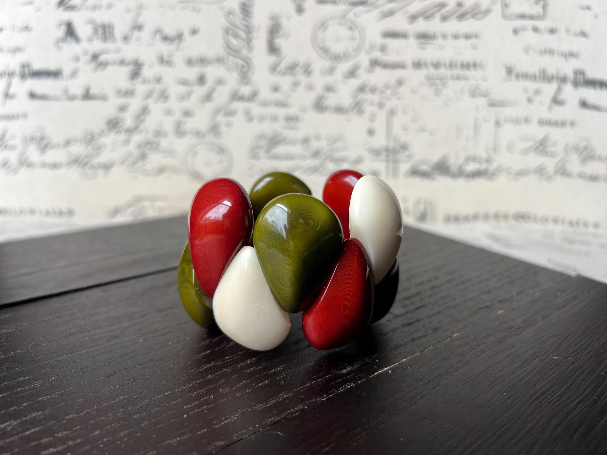 Green maroon and ivory statement bracelet Tagua jewelry Big chunky bangle Artsy gifts Summer fashion Art to wear Cruise to wear Handmade