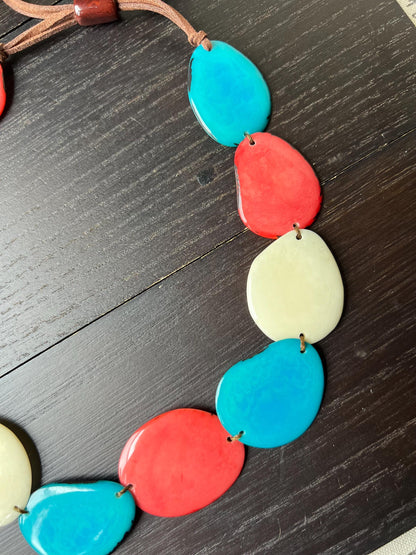 Turquoise white and salmon single strand statement necklace Tagua necklace Adjustable cord Wearable art Handmade beaded necklace art to wear
