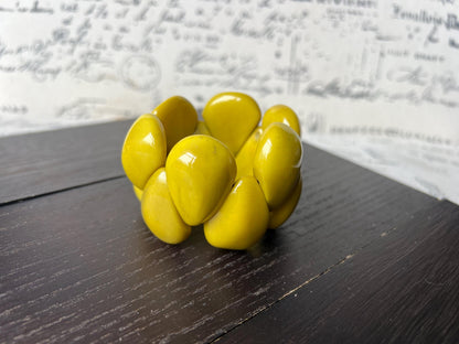 Yellow green statement bracelet Tagua jewelry Big bangle Trendy custom jewelry Wearable art Beach fashion Elastic stretch bracelet