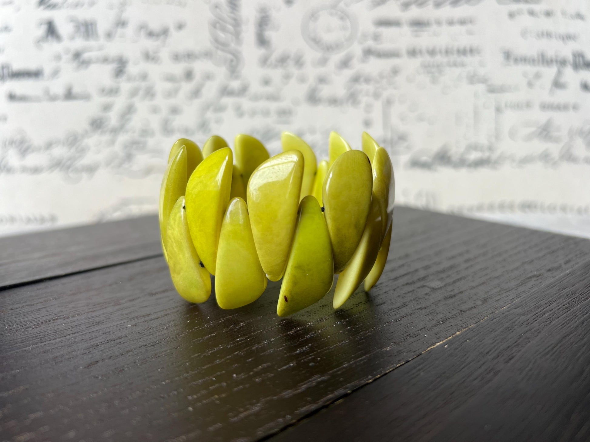 Green beaded bracelet Tagua jewelry Stretch elastic bangle Wearable art Summer fashion Trending jewelry Cruise wear Artisan handmade