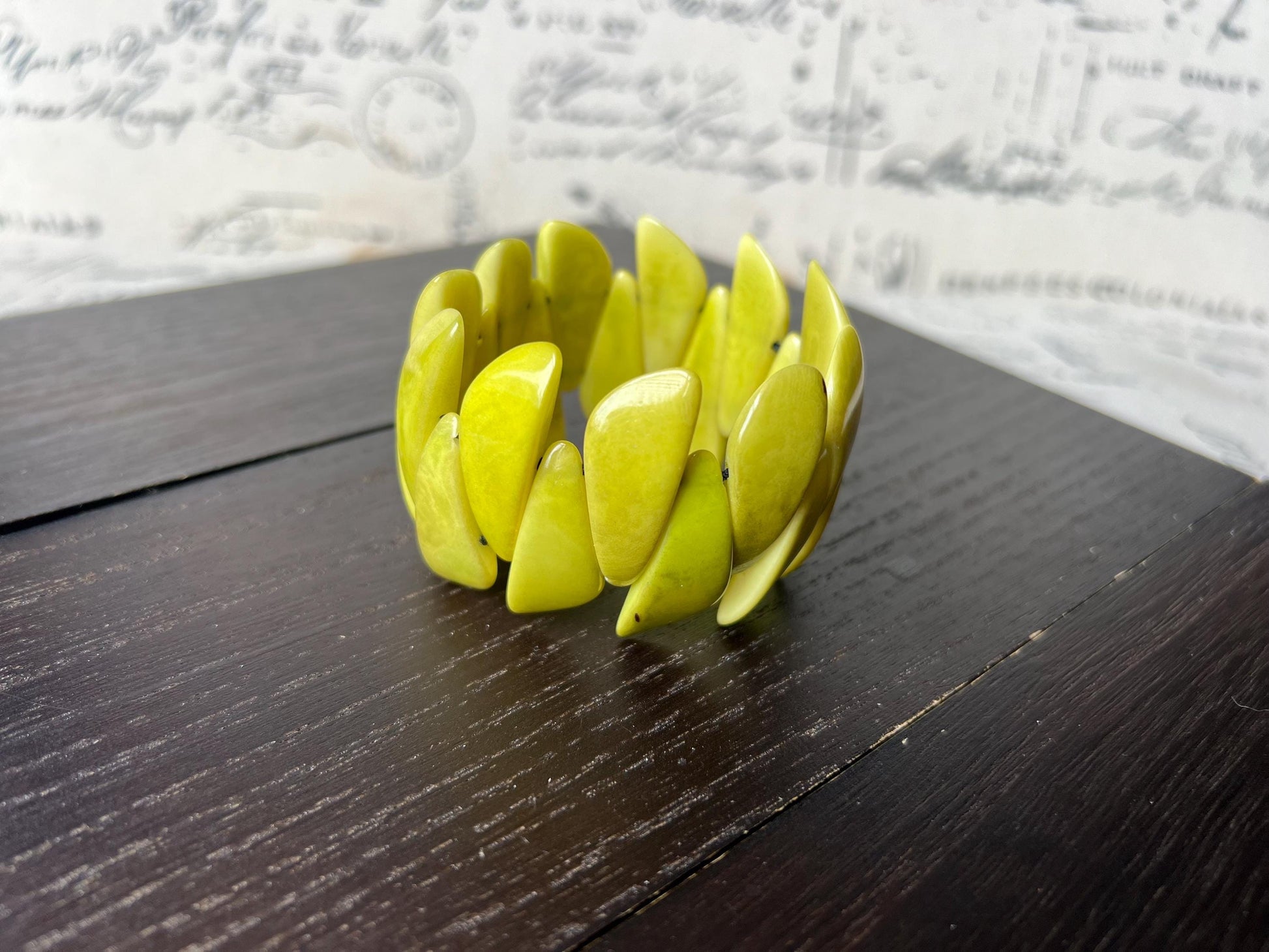 Green beaded bracelet Tagua jewelry Stretch elastic bangle Wearable art Fall fashion Trending jewelry Cruise wear Artisan handmade