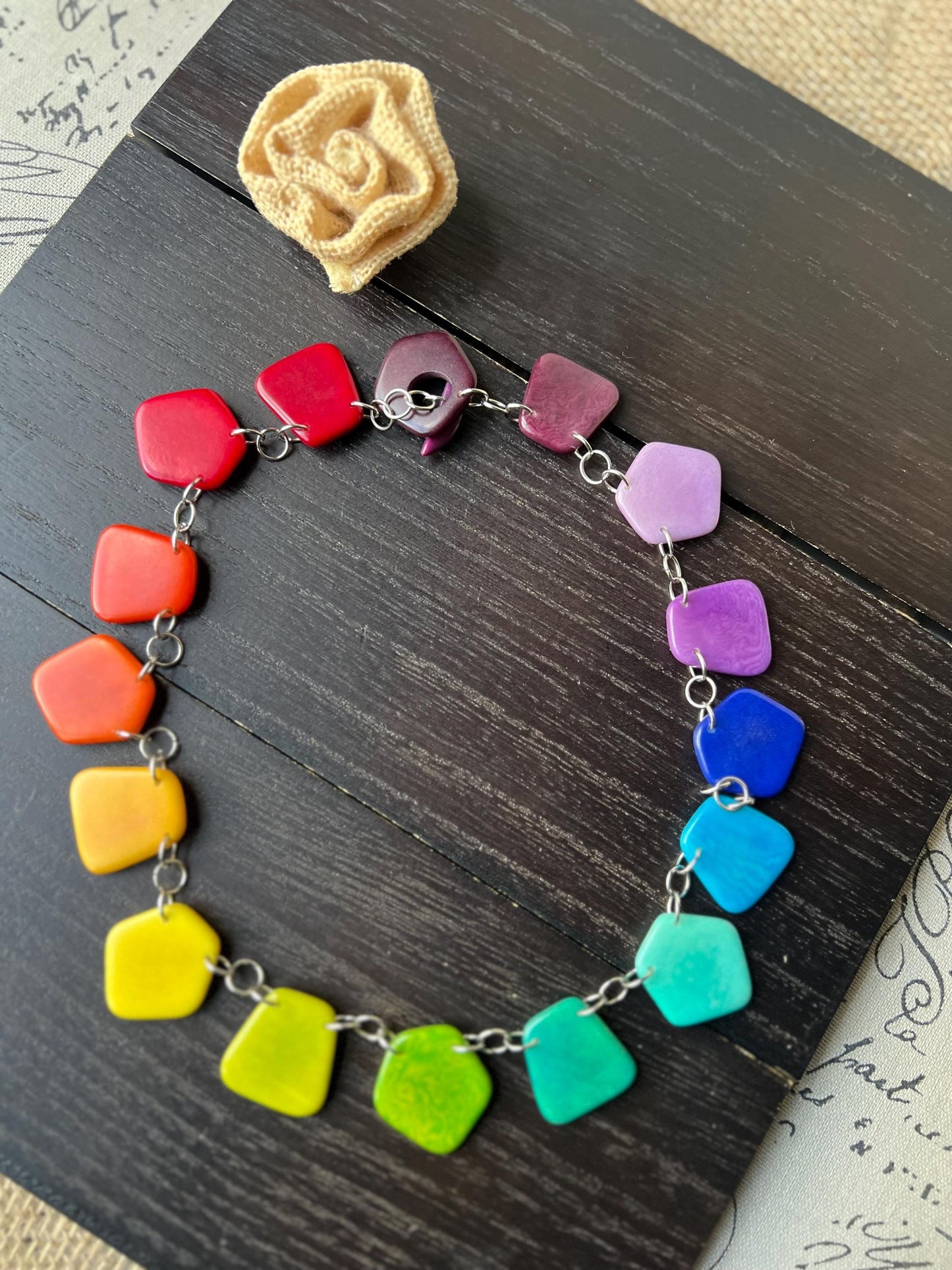 Rainbow beaded necklace Tagua jewelry Statement lightweight necklace Chocker style necklace Wearable art Multi color necklace Pride jewelry