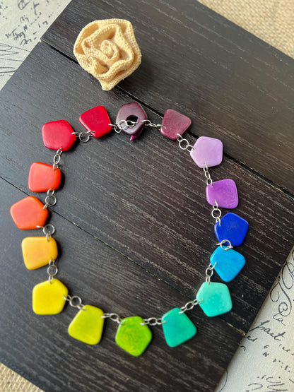 Rainbow beaded necklace Tagua jewelry Statement lightweight necklace Chocker style necklace Wearable art Multi color necklace Pride jewelry