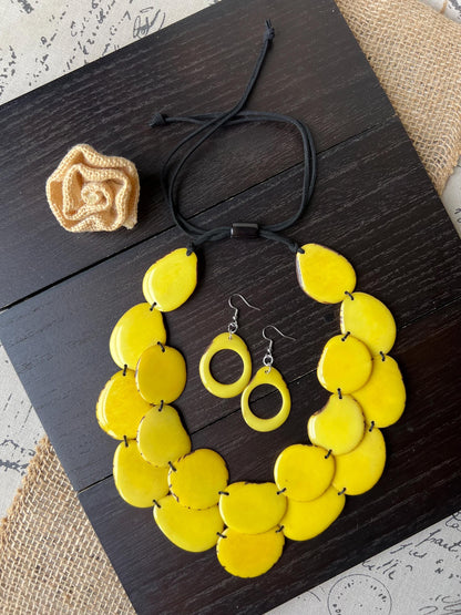 Yellow statement necklace and earrings set Tagua jewelry Fall fashion 2025 Big bold chunky necklaces Multi layer necklace Mothers day gift
