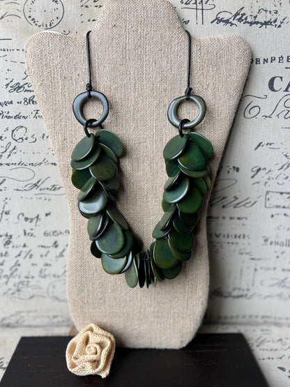 Dark green statement necklace Tagua nut necklace Adjustable cord Mothers day gifts Handmade beaded necklace Big bold necklace Art to wear