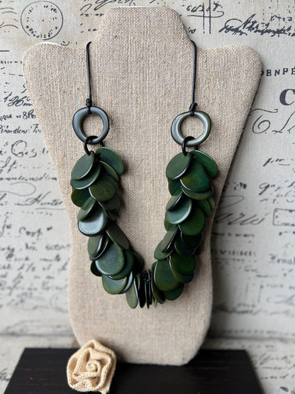Dark green statement necklace Tagua nut necklace Adjustable cord Mothers day gifts Handmade beaded necklace Big bold necklace Art to wear