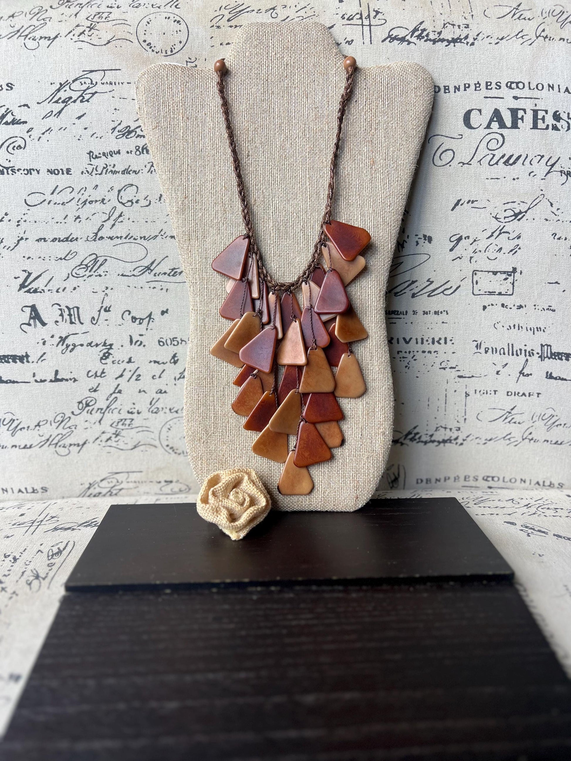 Brown statement necklace Tagua jewelry Fashion necklace for women Waterfall necklace adjustable cord Cascade necklaceSummer fashion