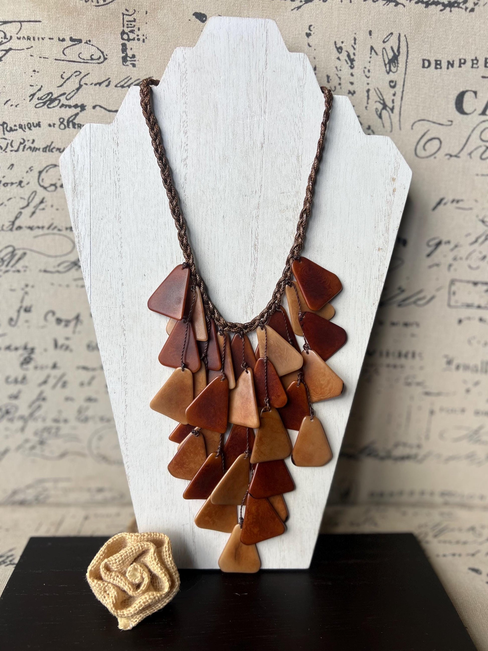 Brown statement necklace Tagua jewelry Fashion necklace for women Waterfall necklace adjustable cord Cascade necklace Fall fashion