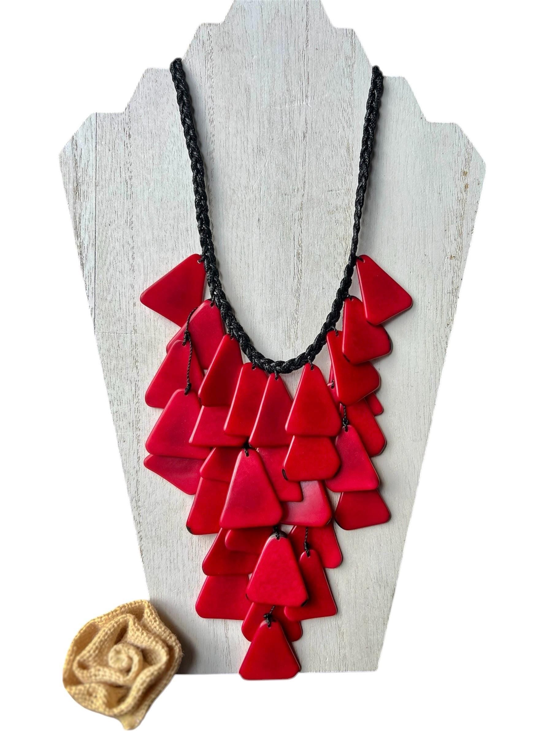 Red statement necklace Tagua jewelry Artsy gifts Big bold chunky necklace Cascade necklace Wearable art Waterfall necklace Art to wear