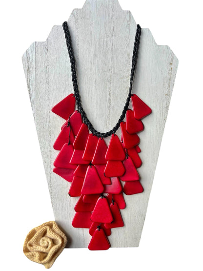 Red statement necklace Tagua jewelry Artsy gifts Big bold chunky necklace Cascade necklace Wearable art Waterfall necklace Art to wear