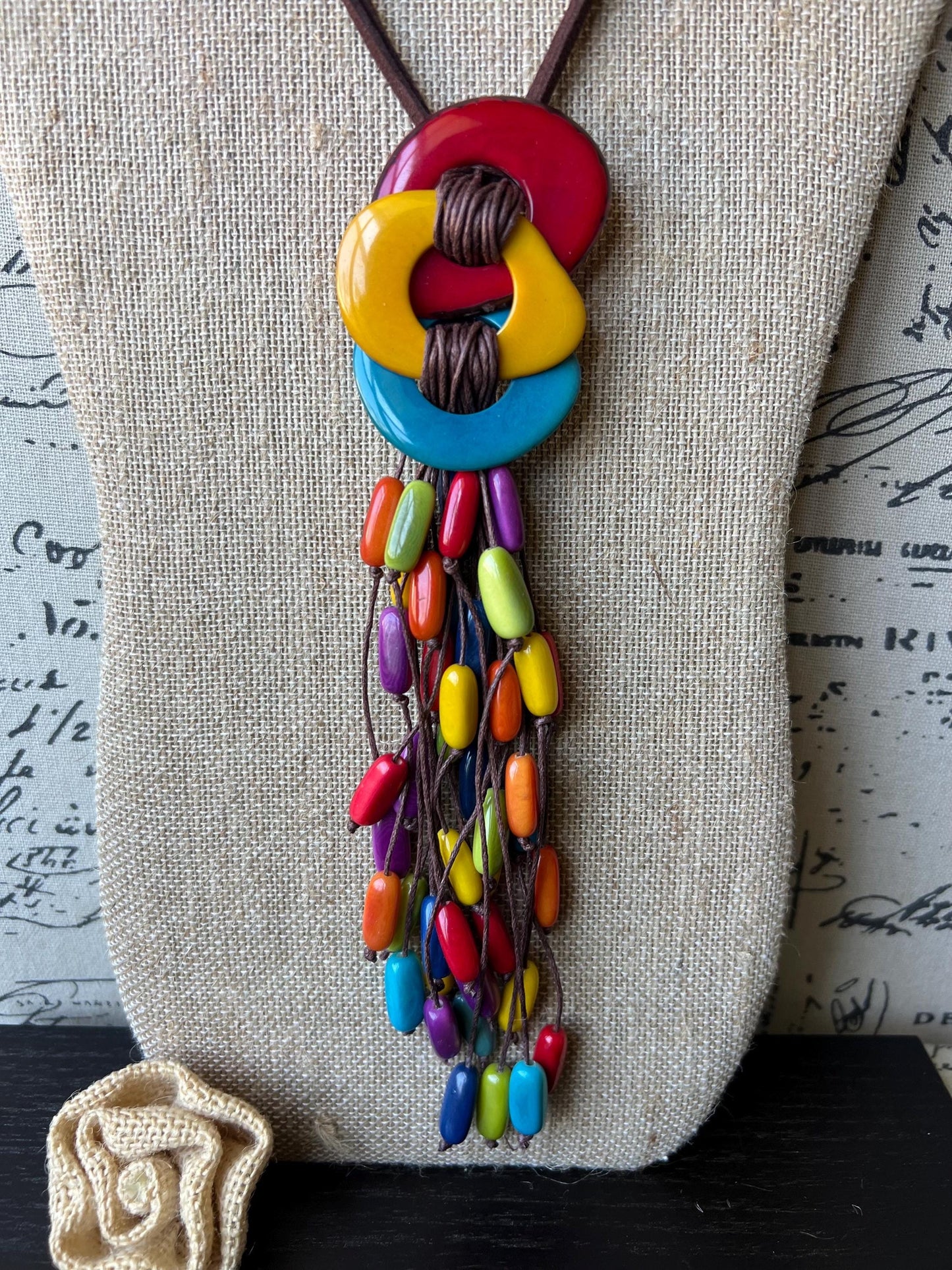 Multi color statement necklace Mothers day gifts Macrame fringe necklace Tagua necklace Funky jewelry Pride jewelry Rainbow beaded necklace