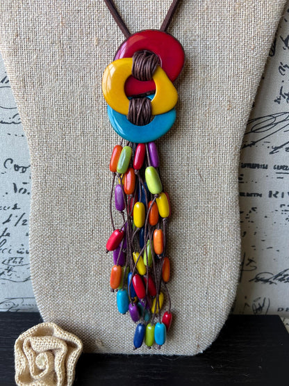 Multi color statement necklace Mothers day gifts Macrame fringe necklace Tagua necklace Funky jewelry Pride jewelry Rainbow beaded necklace