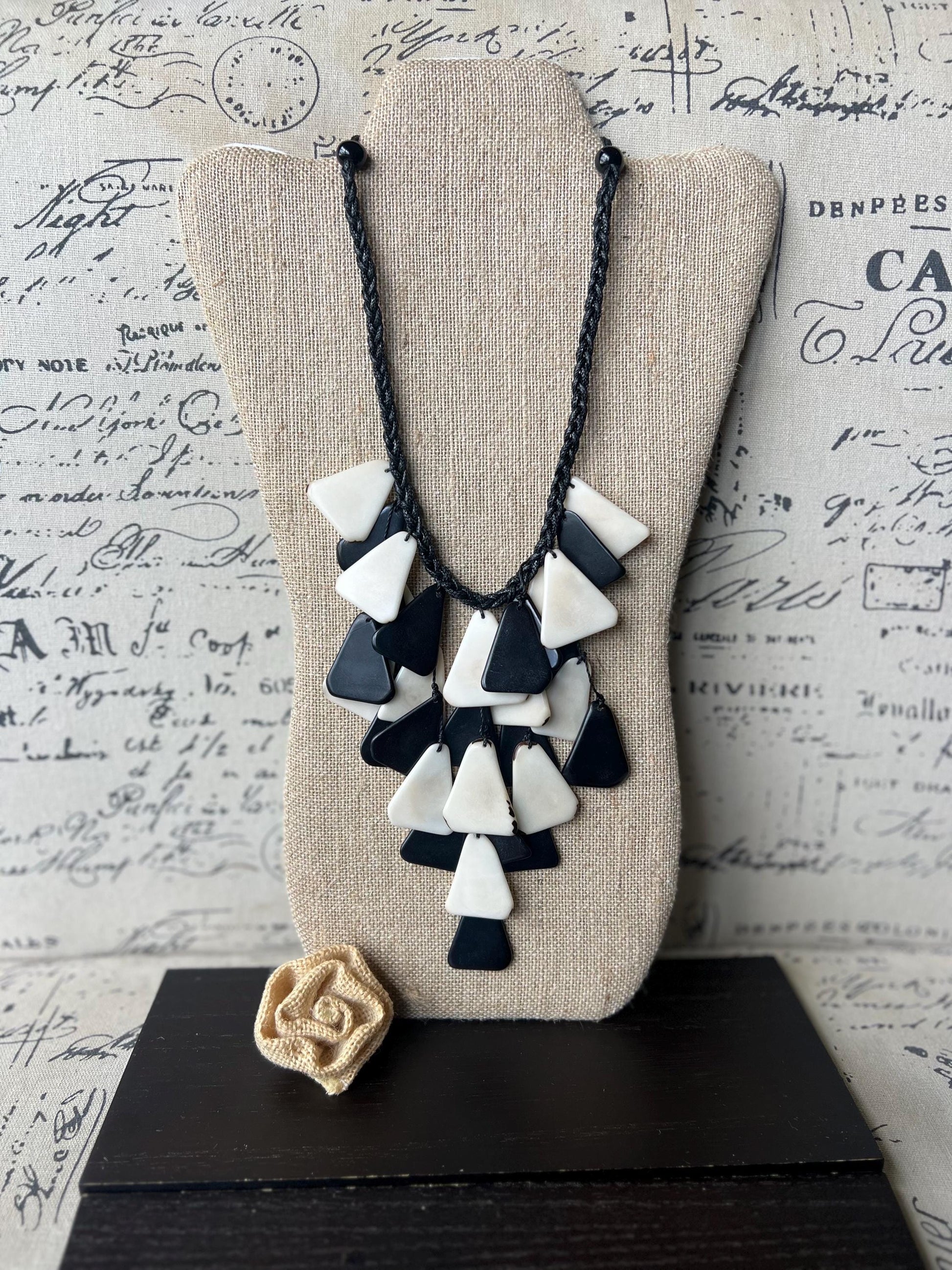 Black and white statement necklace Artsy gifts Tagua jewelry Spring fashion trends Artsy gifts Waterfall necklace Big bold necklace