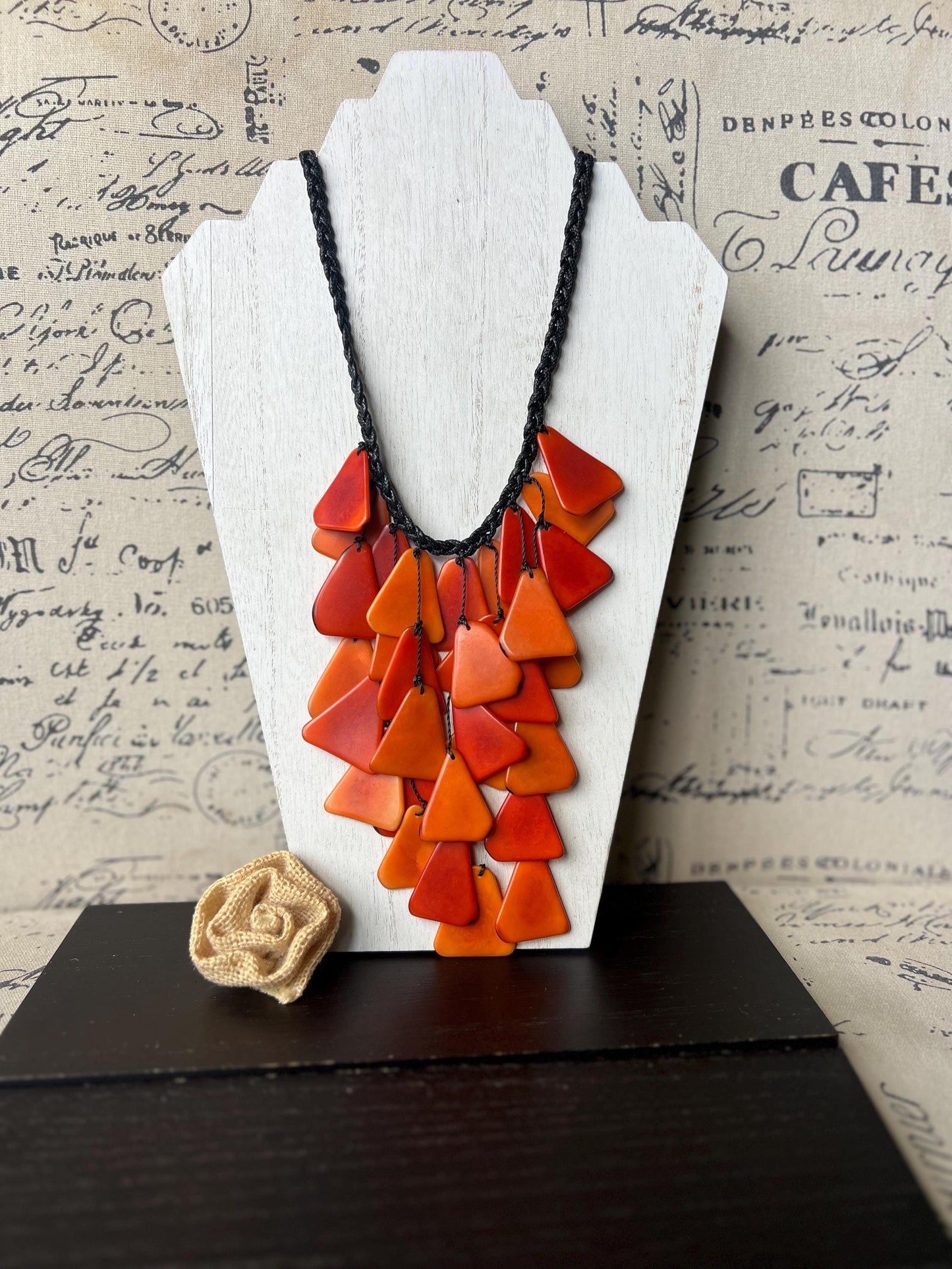 Orange statement necklace.
Tagua necklace.
Fall fashion necklace.
Gifts for mom