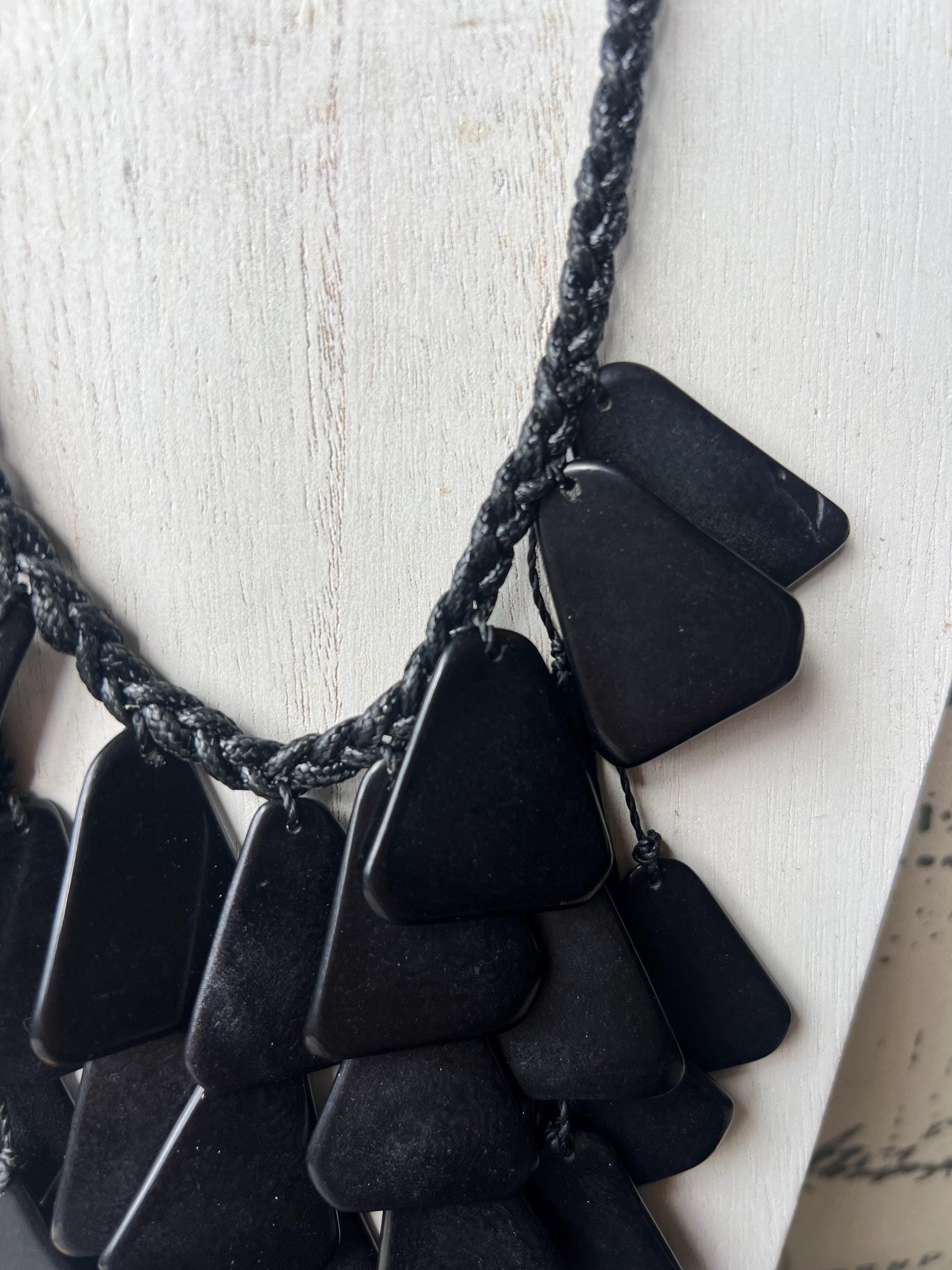 Black statement necklace Waterfall necklace Adjustable cord Wearable art Tagua jewelry Big bold necklace Fall fashion Beach style